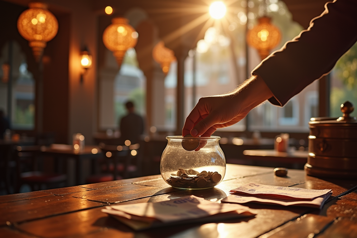 Main déposant des dirhams dans une tirelire dans un restaurant marocain