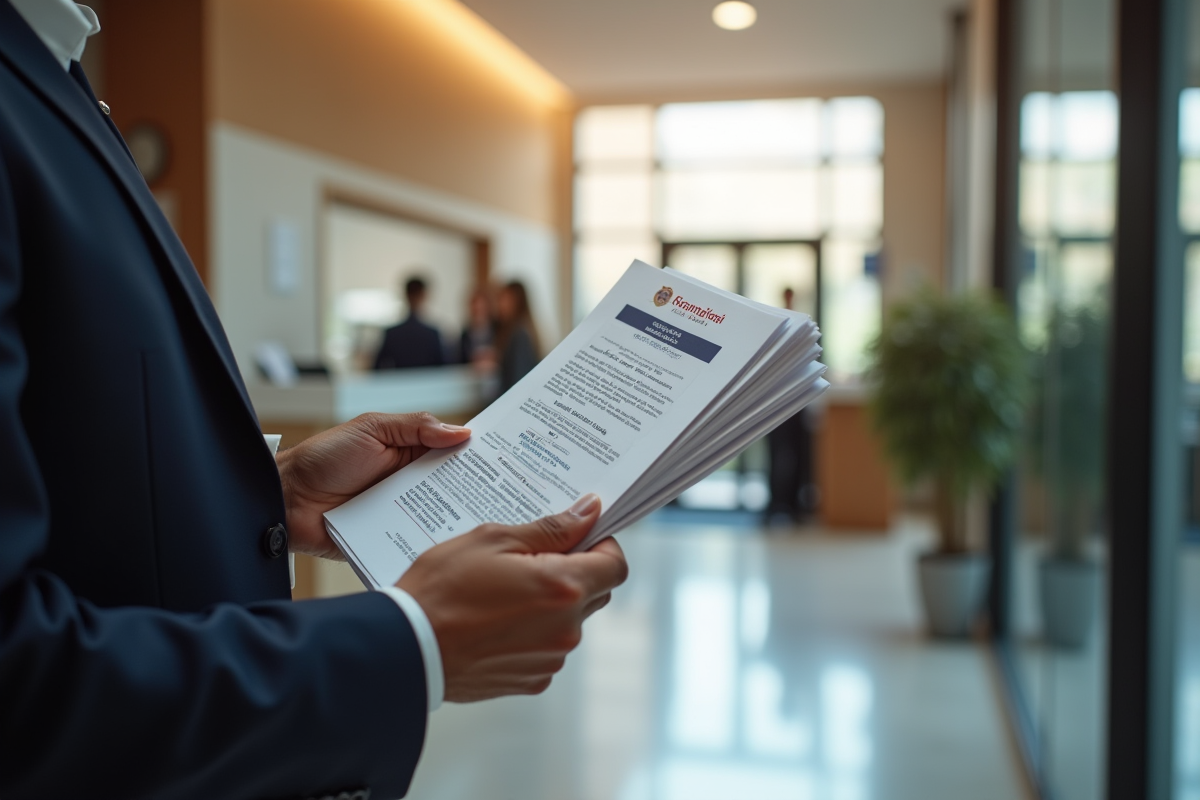 Main tenant des documents devant un comptoir d ambassade