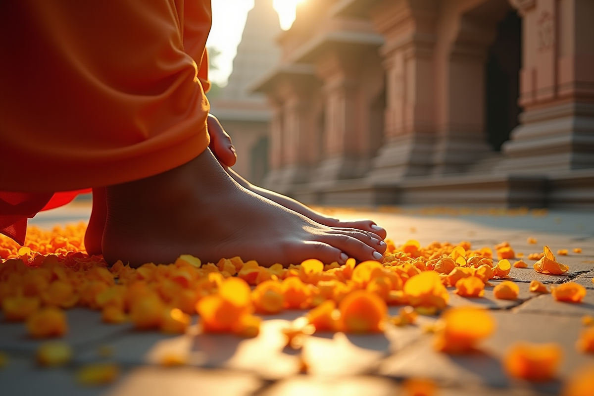 Mains touchant des pieds couverts de fleurs lors d