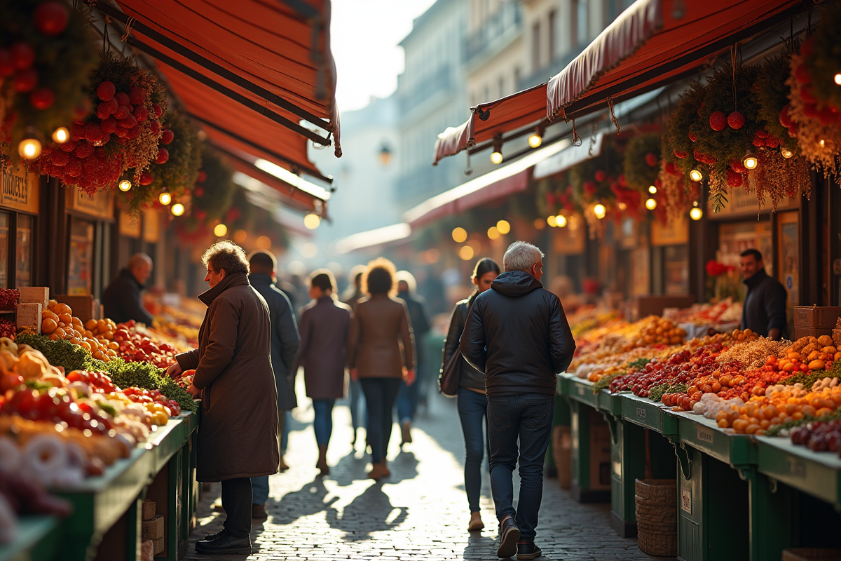 Marché européen coloré avec stands de nourriture et visiteurs variés