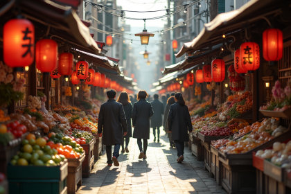 Marché coloré à Tokyo avec lanternes et passants