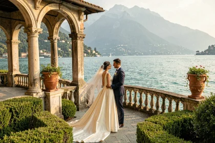 Couple de mariés sur la terrasse de la Villa del Balbianello au lac de Côme avec vue panoramique sur les Alpes