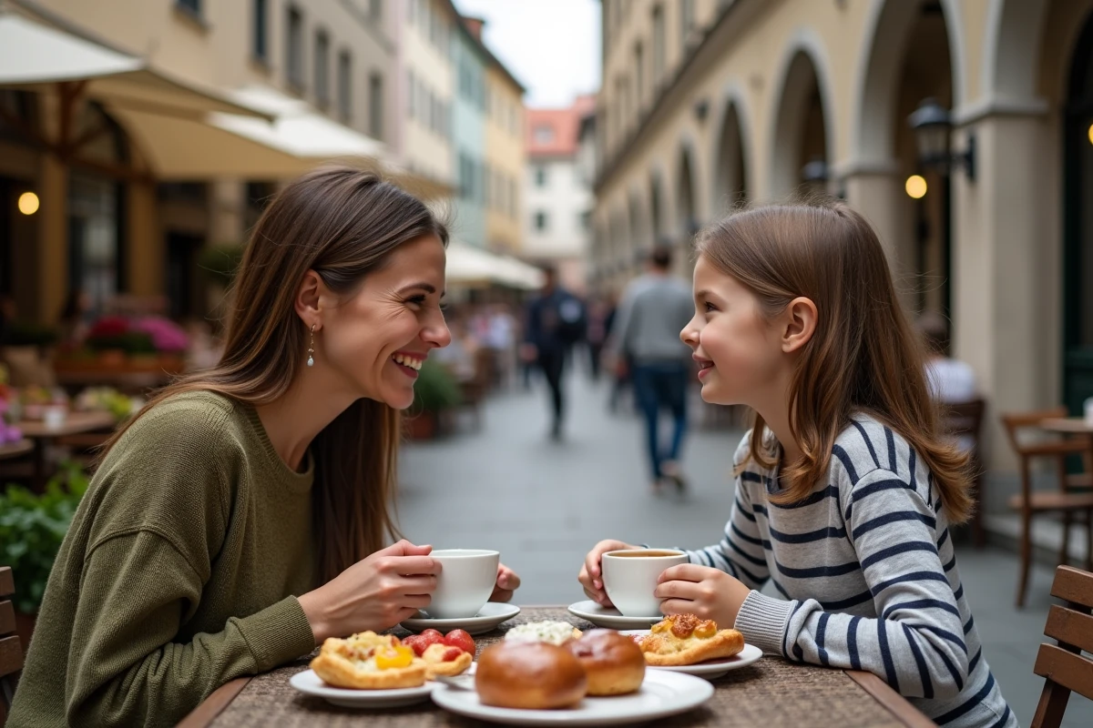Mère et fille dégustant des pâtisseries locales à une terrasse de café en plein air sur la place du marché central de Ljubljana en Slovénie
