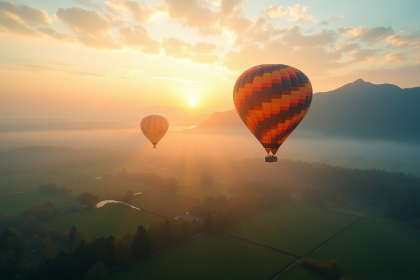 Montgolfière colorée survolant un paysage brumeux au lever du soleil