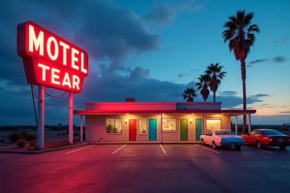 Motel américain au coucher de soleil avec néons et palmiers