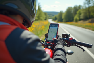 Motocycliste vérifiant son GPS en campagne en journée