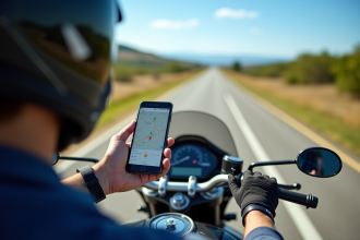 Motocycliste utilisant un GPS sur une route de campagne ensoleillée