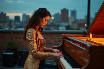 Jeune femme jouant du clavecin sur un toit urbain, m&ecirc;lant esth&eacute;tique baroque et rock contemporain dans un portrait &eacute;ditorial