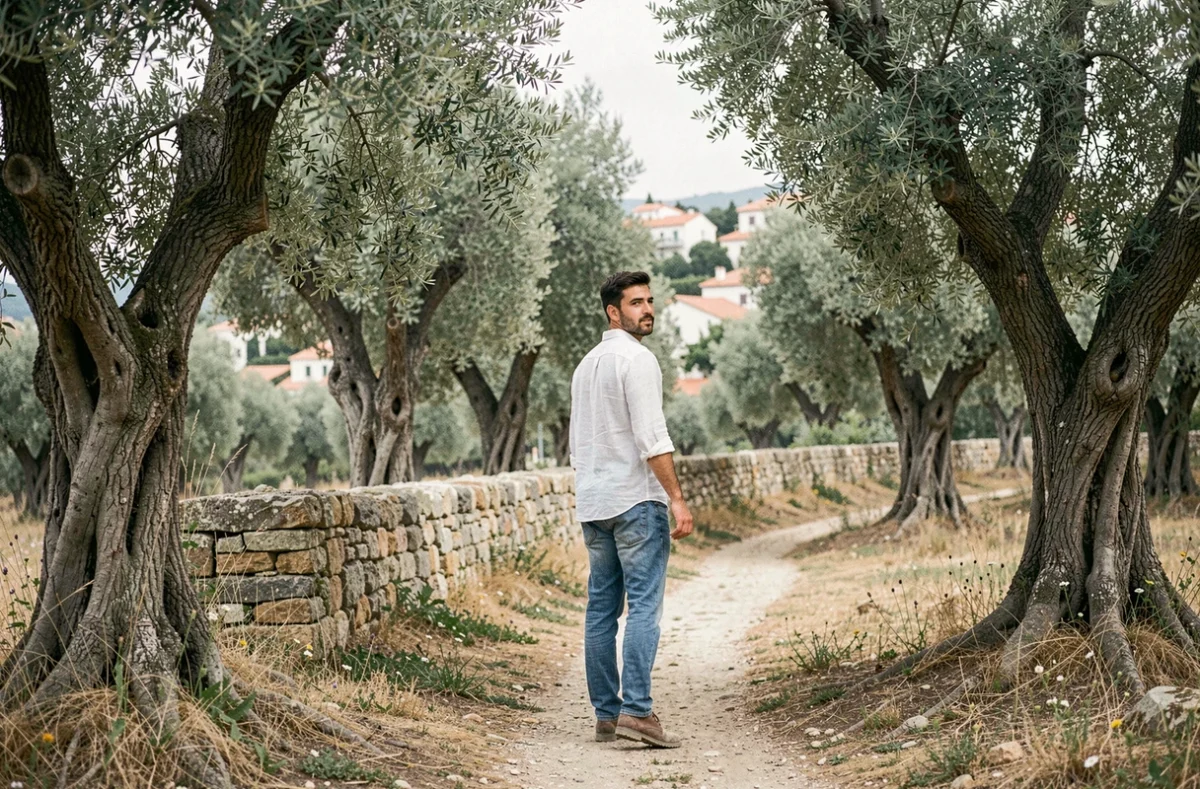 Chemin de terre à travers une oliveraie ancienne de Kythira avec un jeune homme marchant parmi des oliviers centenaires