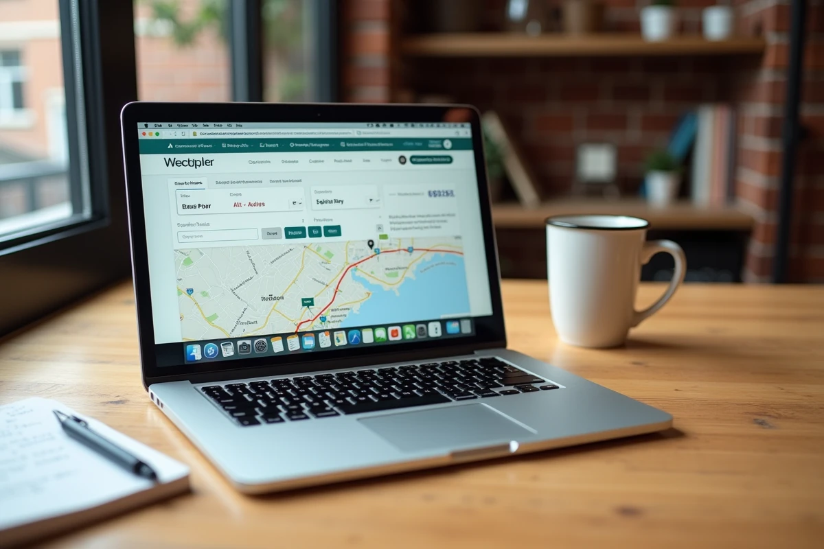 Ordinateur portable ouvert sur le site Mappy avec une recherche d'itinéraire bus affichée sur l'écran