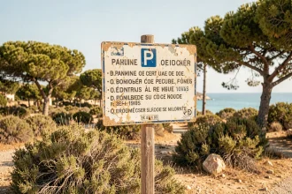 Panneau de stationnement réglementé à l'entrée d'un village côtier méditerranéen avec végétation provençale en arrière-plan