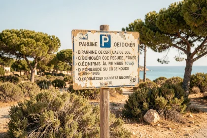 Panneau de stationnement réglementé à l'entrée d'un village côtier méditerranéen avec végétation provençale en arrière-plan