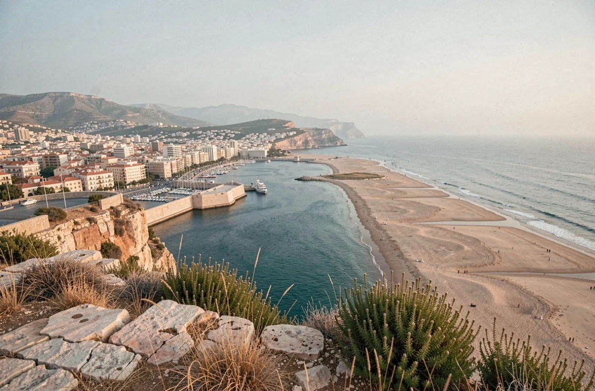 Vue panoramique depuis une falaise sur le contraste entre le front de mer urbain d'Héraklion et les criques sauvages de la côte crétoise