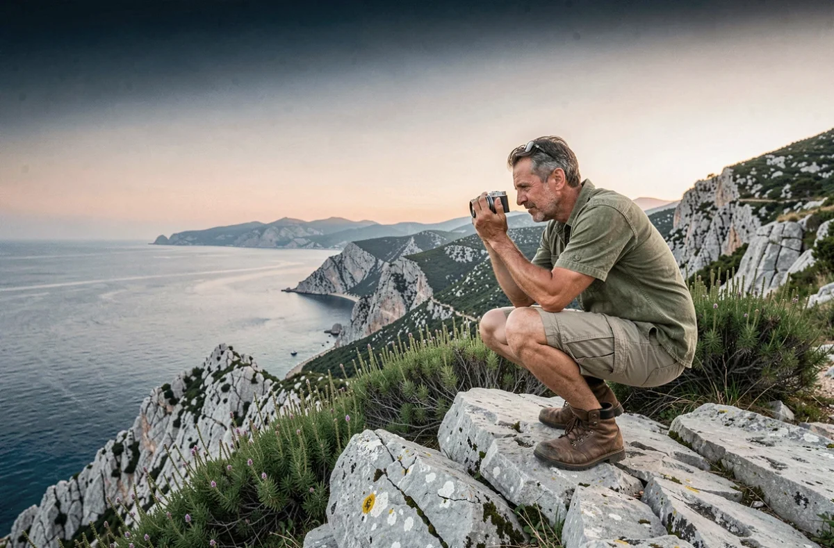Randonneur photographiant le panorama du Capu di Muru en Corse à l'aube depuis les falaises de granit