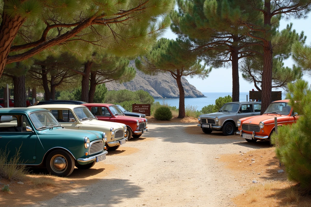 Parking informel en graviers près de la plage de Fautea en Corse avec des pins méditerranéens et aperçu de la côte