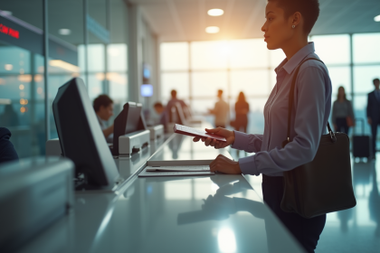 Personne à l'aéroport remettant son passeport et carte d'embarquement
