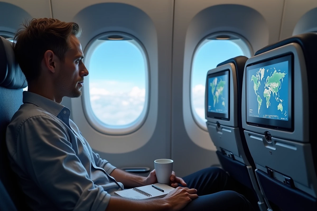 Passager consultant une carte du monde en vol illustrant le trajet et la distance entre Paris et Sydney