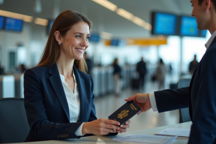 Femme en blazer navy à l'aéroport lors de l'enregistrement