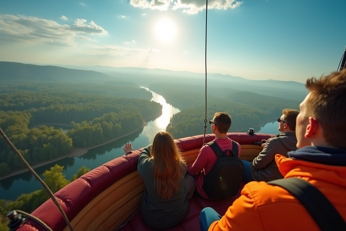Groupe de passagers dans la nacelle regardant le paysage ensoleillé