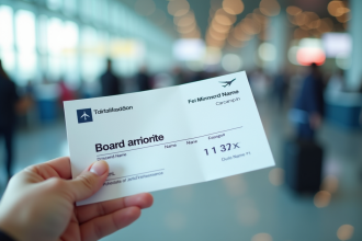 Gros plan d'une carte d'embarquement dans la main d'un passager à l'aéroport