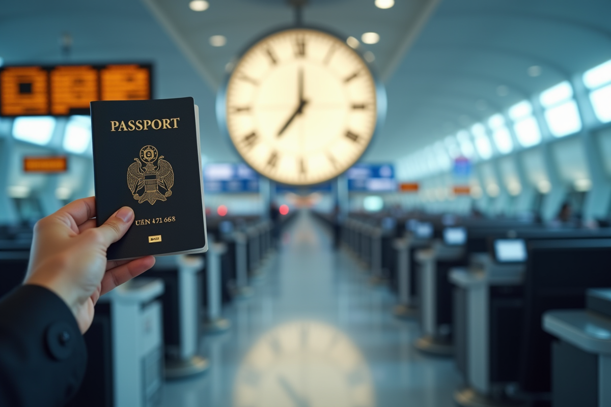 Main tenant un passeport devant une horloge digitale à l