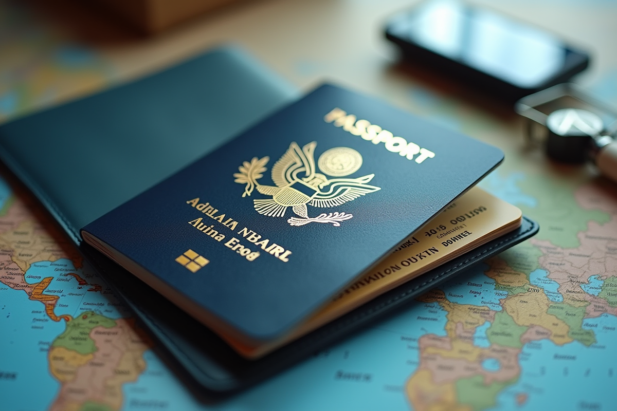 Passeport protégé dans une pochette avec carte de vol et plan