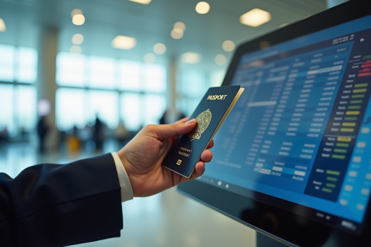 Main avec passeport et écran d