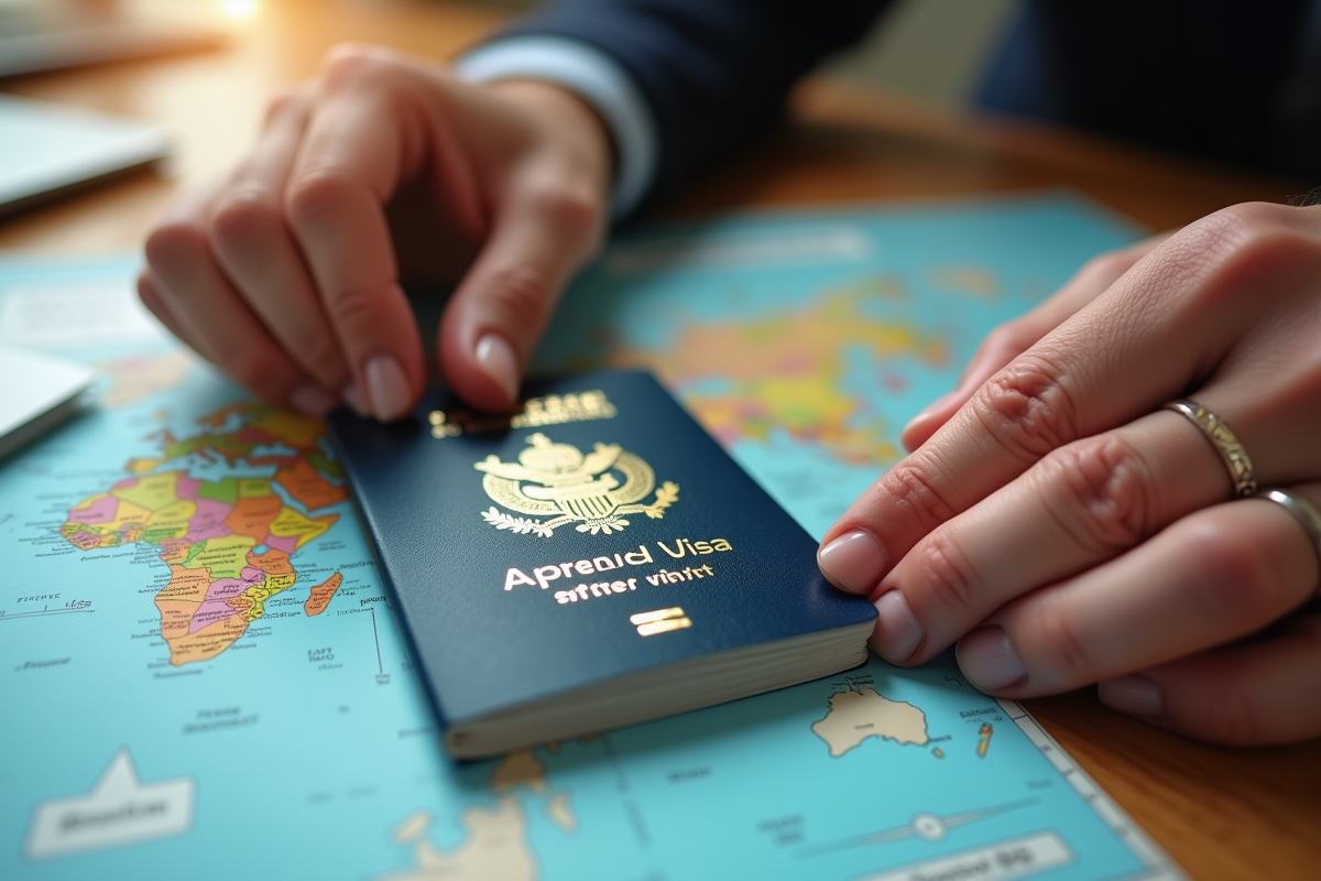 Mains posant un passeport avec visa approuve sur un bureau en bois