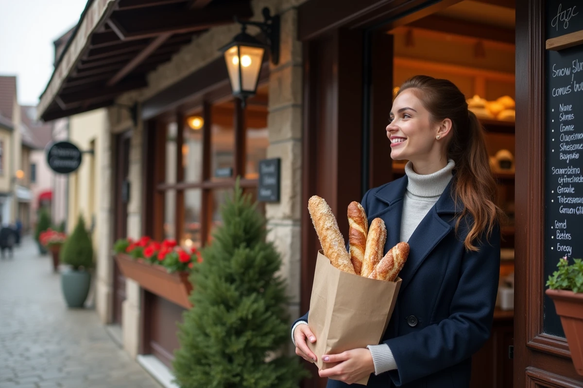 Jeune femme avec baguettes devant une boulangerie alsacienne