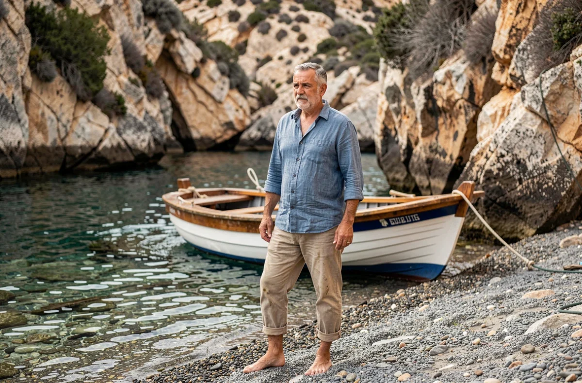 Pêcheur grec sur une plage de galets près d'Héraklion avec un bateau en bois traditionnel amarré dans une crique rocheuse