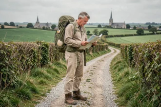 Pèlerin étudiant une carte sur un chemin de Compostelle en Normandie près de l'abbaye de Valmont