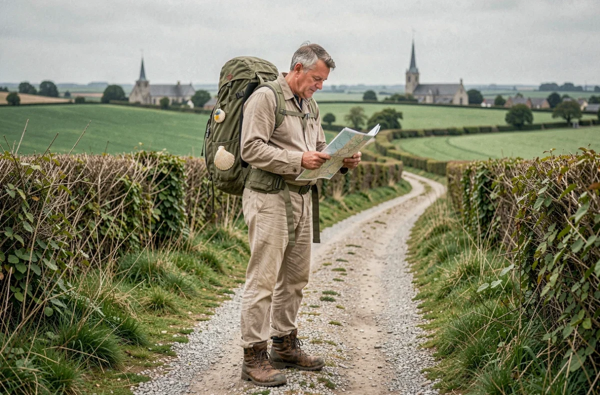 Pèlerin étudiant une carte sur un chemin de Compostelle en Normandie près de l'abbaye de Valmont