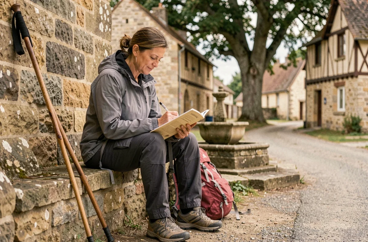 Pèlerine remplissant son carnet de pèlerinage près d'une chapelle normande sur la route de Compostelle