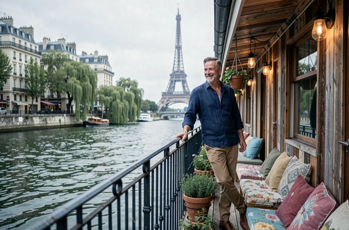 Homme sur le balcon d'une péniche insolite amarrée sur la Seine avec la tour Eiffel visible en arrière-plan à Paris