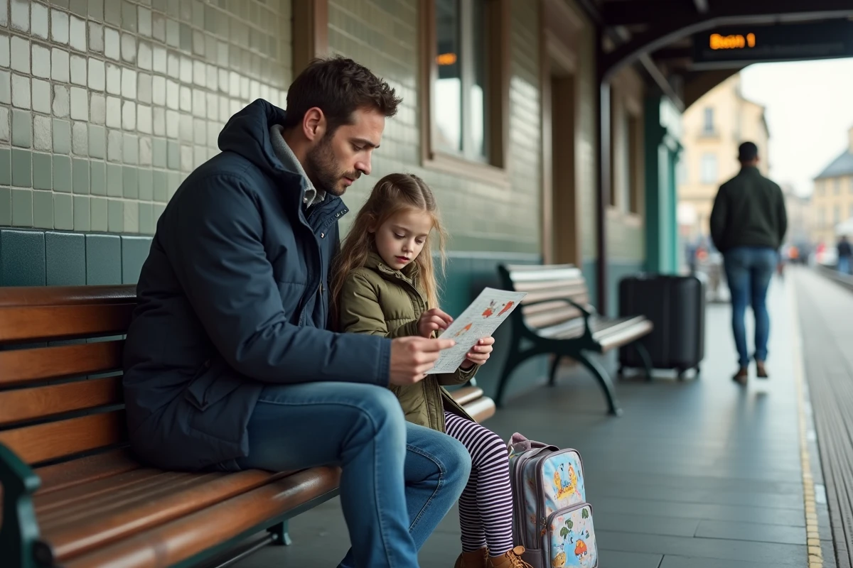 Père et fille consultant un plan assis sur un banc de la gare Lille Flandres avant un départ en train