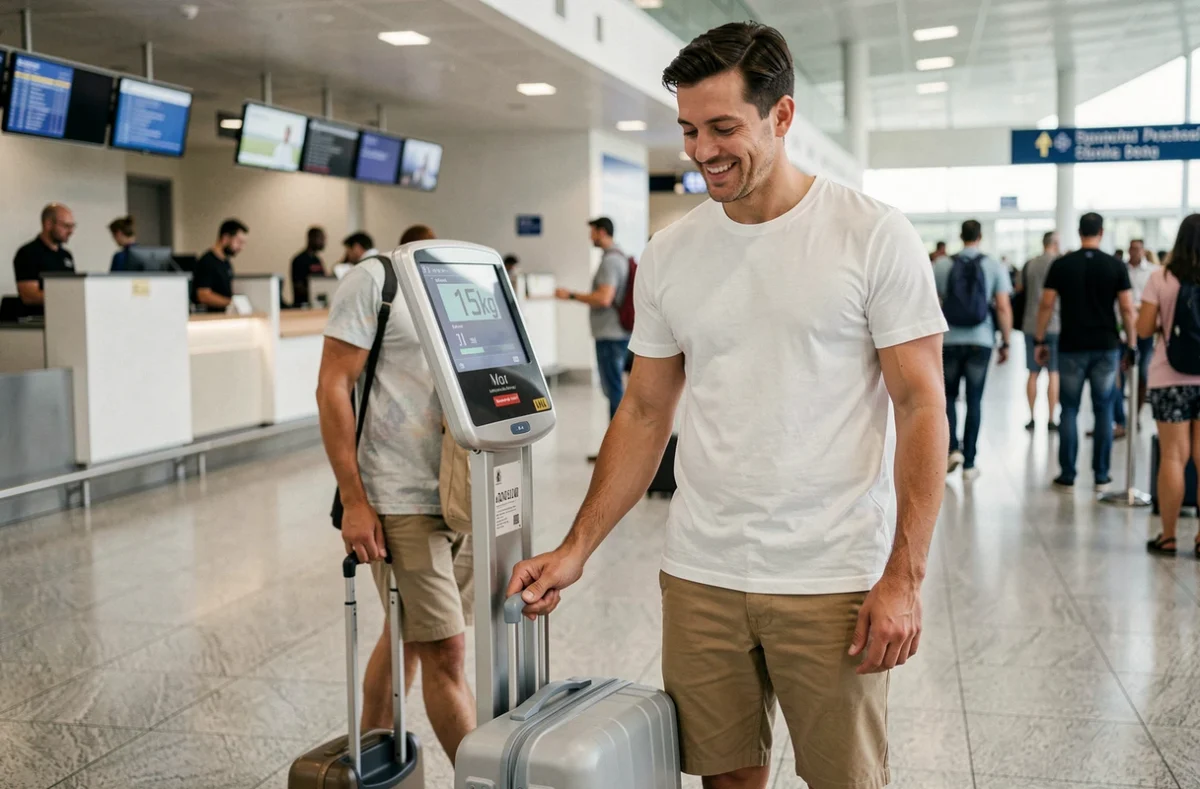 Voyageur vérifiant le poids de sa valise d'été sur une balance à l'aéroport, affichant moins de 15kg avant l'embarquement