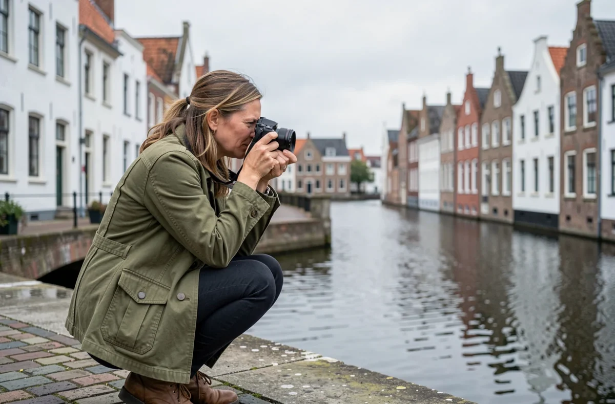 Photographe femme sur le Rozenhoedkaai à Bruges photographiant le coude du canal emblématique