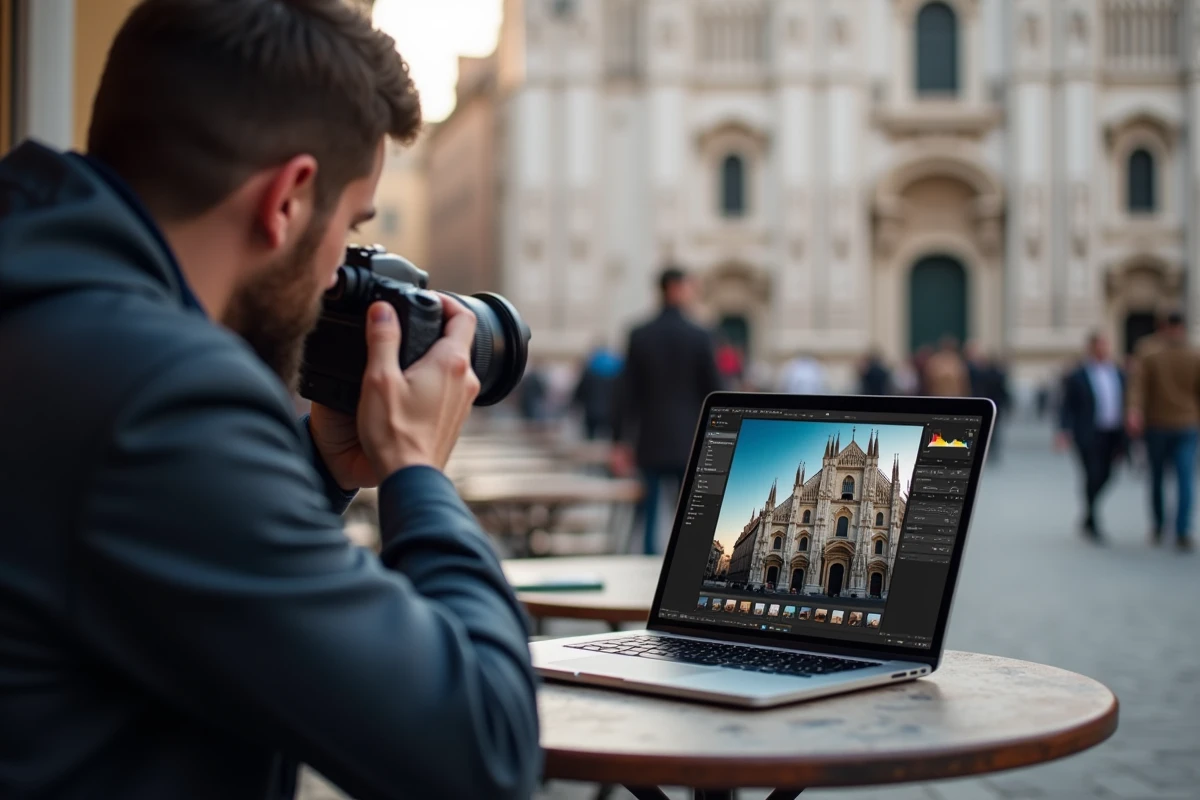 Photographe retouchant ses photos du Dôme de Milan sur un ordinateur portable en terrasse de café sur la Piazza del Duomo