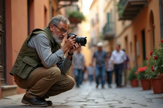 Photographe passionné en train de capturer une scène de rue authentique dans un village méditerranéen lors d'un voyage Aguila