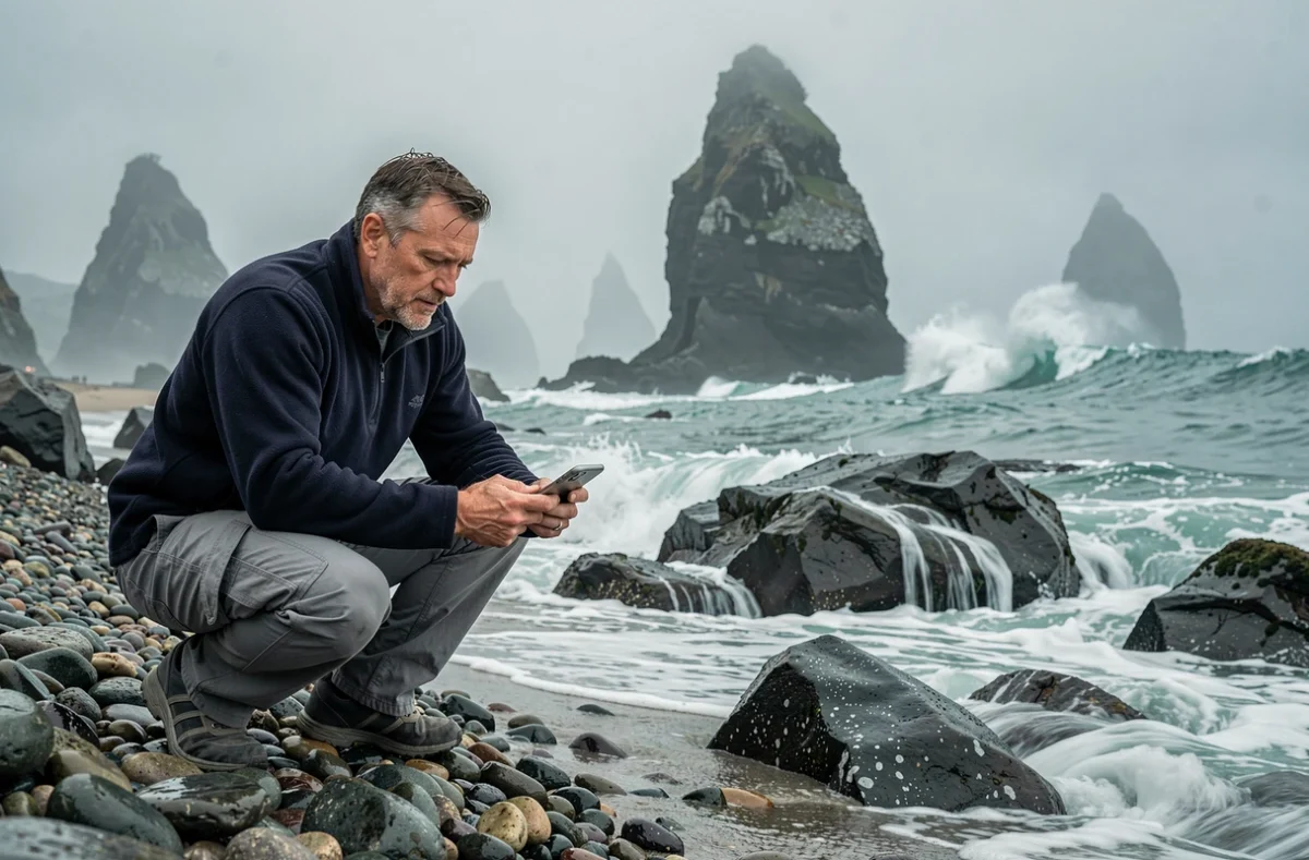 Photographe amateur accroupi sur la côte rocheuse de Californie capturant les vagues avec un smartphone, ambiance brumeuse et paysage marin sauvage