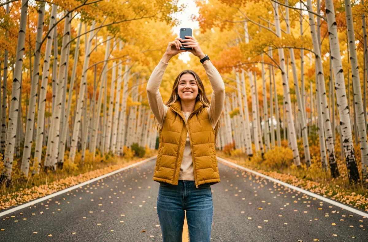 Jeune femme photographiant la forêt de trembles dorés du Colorado en automne avec son smartphone, route forestière aux couleurs flamboyantes