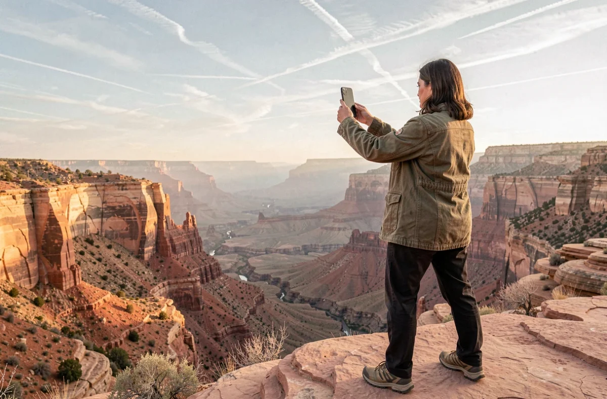 Femme photographiant le Grand Canyon avec un smartphone depuis un promontoire de grès en Utah, paysage désertique américain en arrière-plan