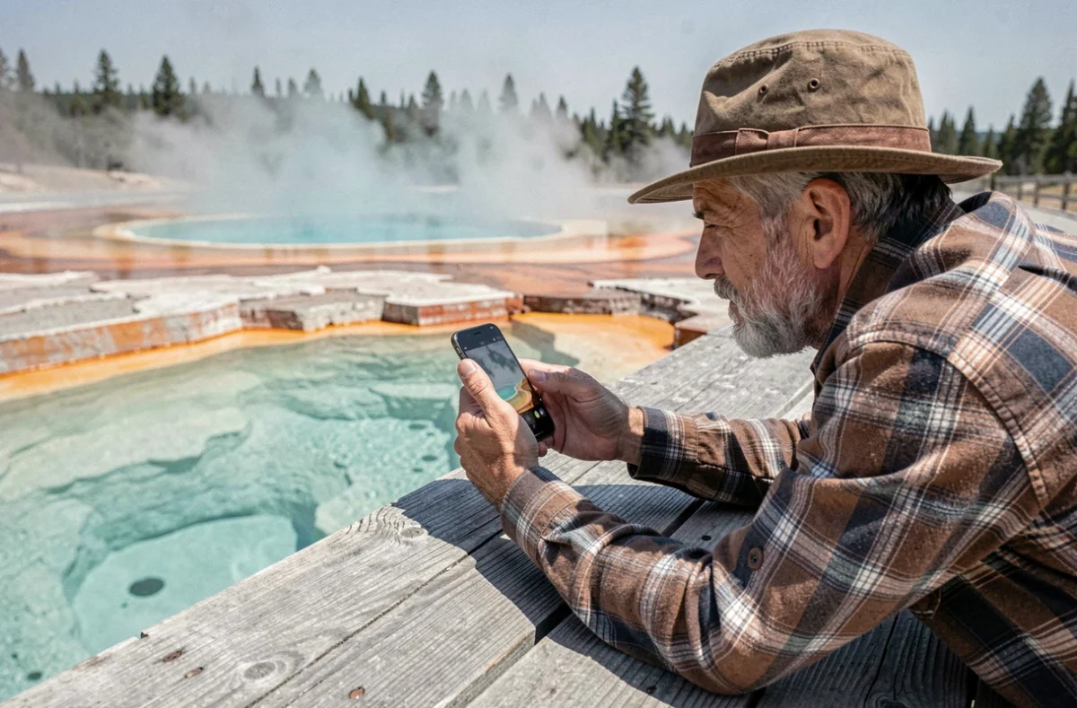Photographe allongé sur la passerelle en bois de Yellowstone capturant une source géothermique turquoise avec un smartphone, vapeur et couleurs minérales caractéristiques