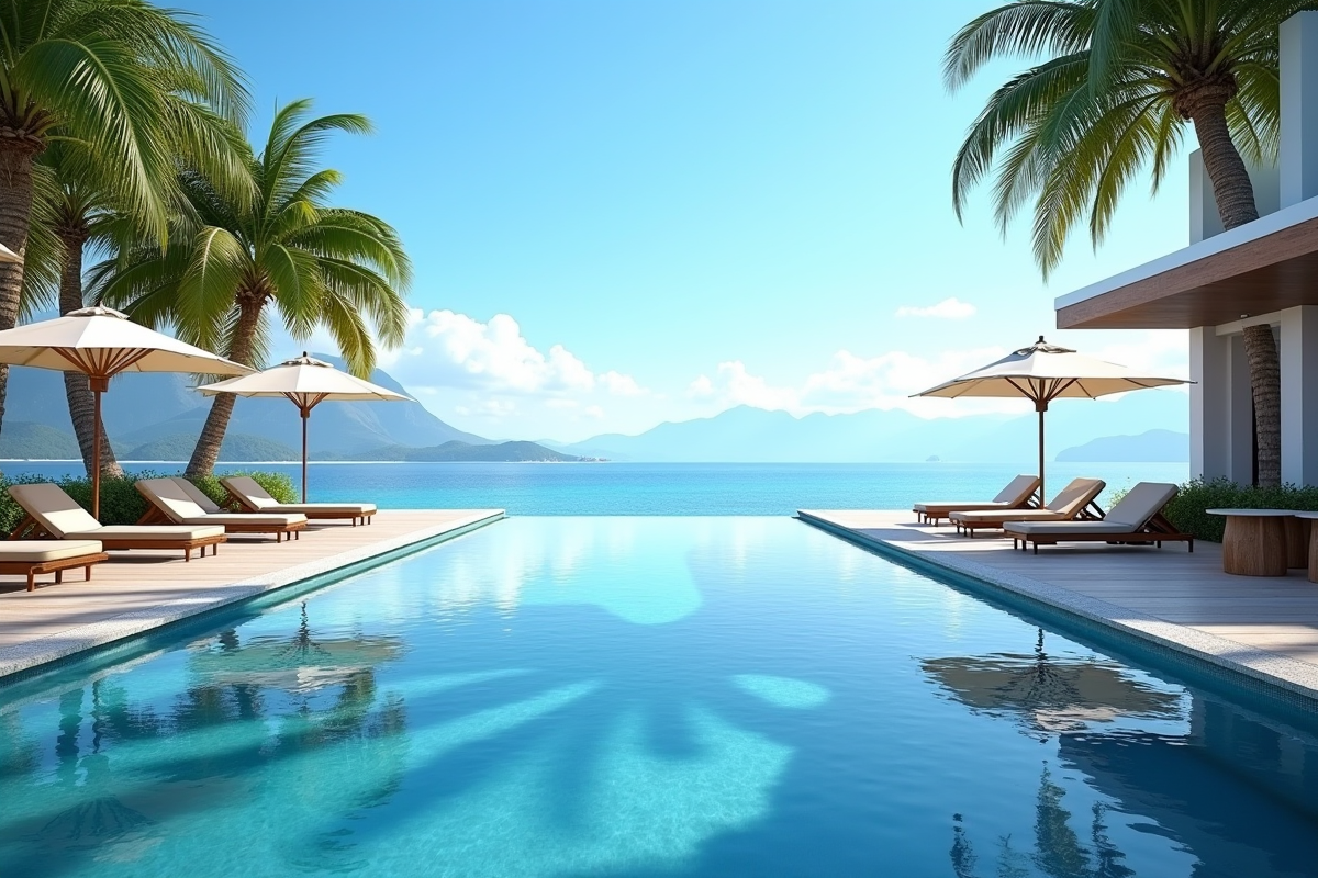 Piscine à débordement dans un resort en bord de mer avec palmiers