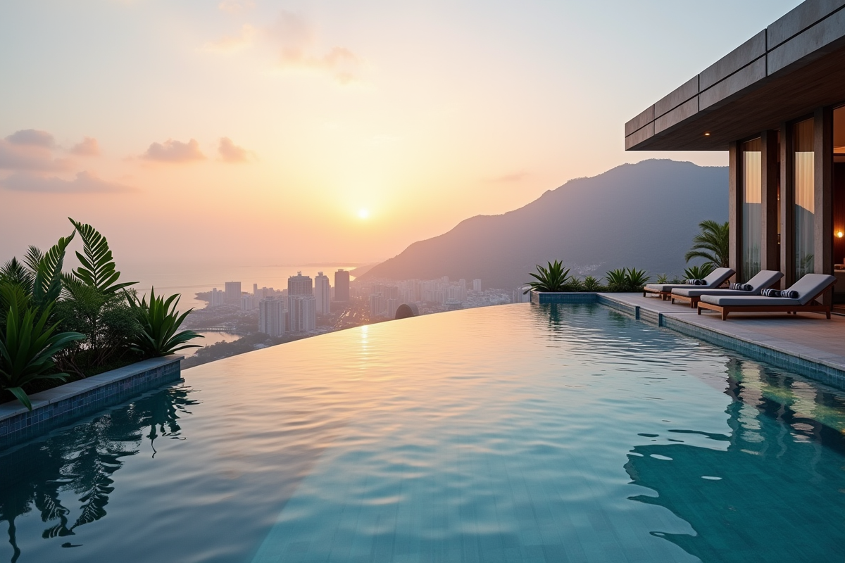 Piscine à débordement sur le toit avec vue sur la ville