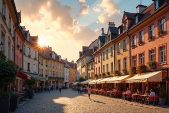 Charmante place de ville française au lever du soleil