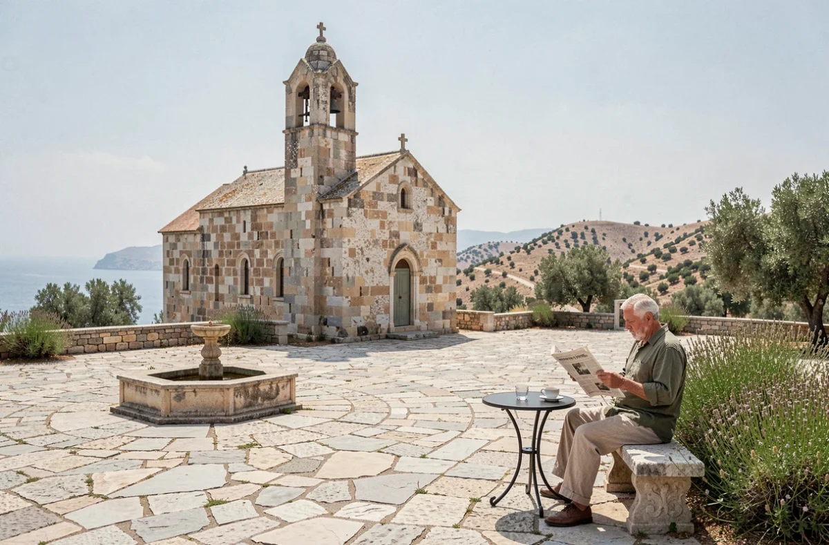 Place de village déserte sur les hauteurs de Kythira avec une église byzantine et un homme lisant son journal dans un kafeneion