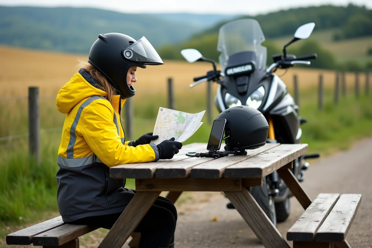 Motarde planifiant son itinéraire de road trip avec une carte et un smartphone lors d'une pause sur le bord d'une route de campagne française