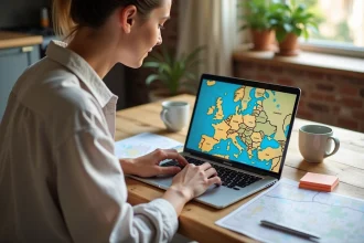 Femme planifiant un road trip en Europe sur un ordinateur portable avec une carte ViaMichelin, entourée d'un atlas routier et de notes sur une table en bois