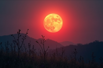 Lune rouge pleine se levant sur une campagne paisible au crépuscule